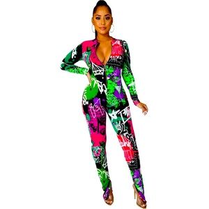 NWOT Multicolor Graffiti Print Jumpsuit Juniors’ Size XL